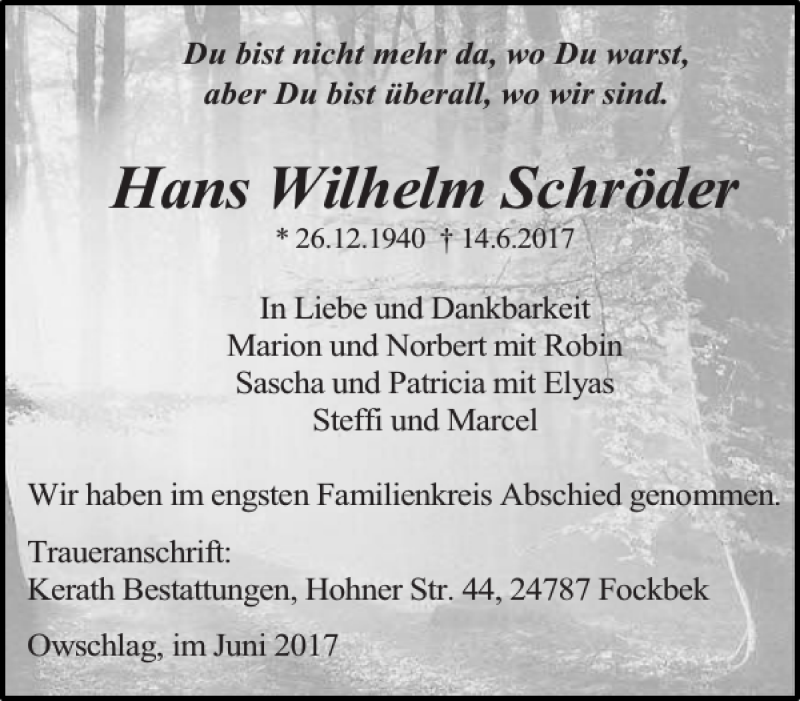 Traueranzeigen von Hans Wilhelm Schröder sh z Trauer