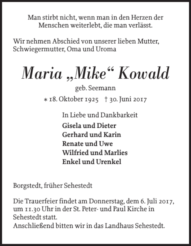 Traueranzeigen Von Maria Mike Kowald Sh Z Trauer