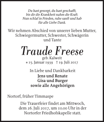 Traueranzeigen Von Traude Freese Sh Z Trauer