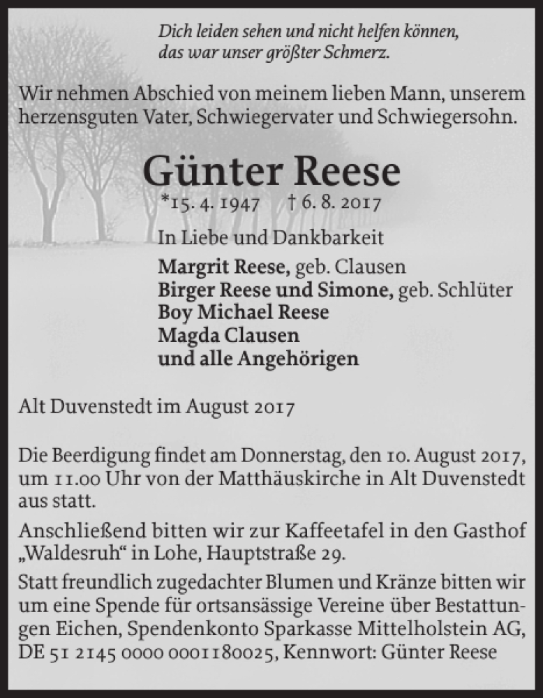 Traueranzeigen Von G Nter Reese Sh Z Trauer