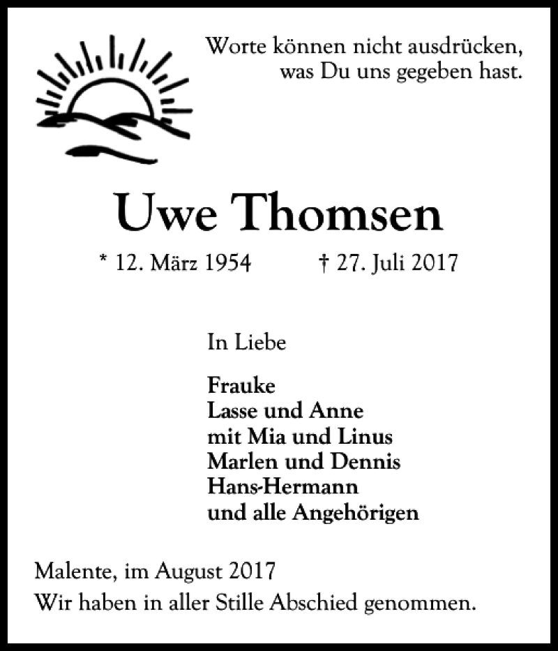 Traueranzeigen Von Uwe Thomsen Sh Z Trauer