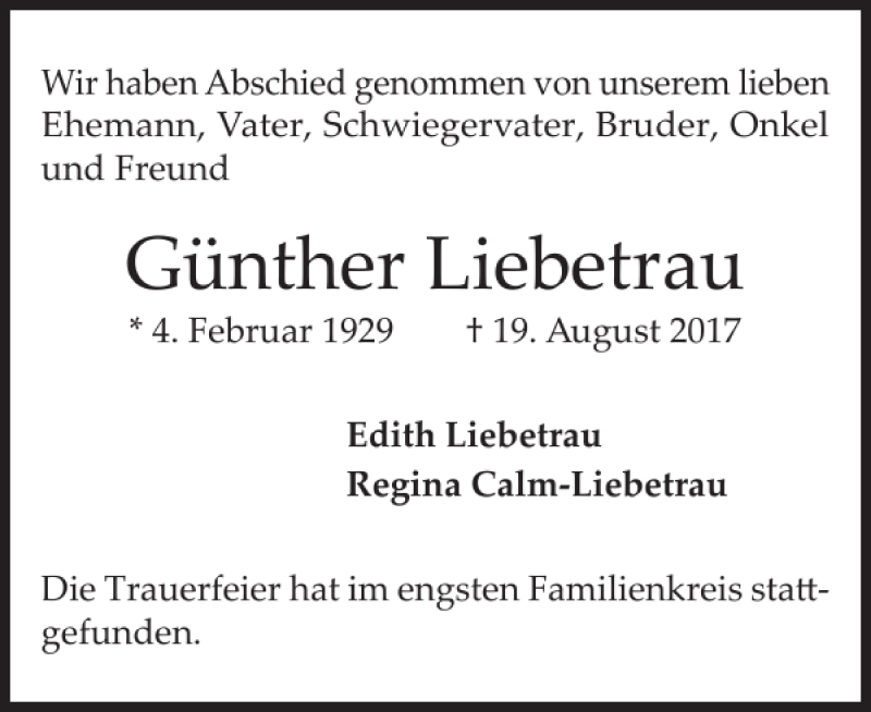 Traueranzeigen Von G Nther Liebetrau Sh Z Trauer