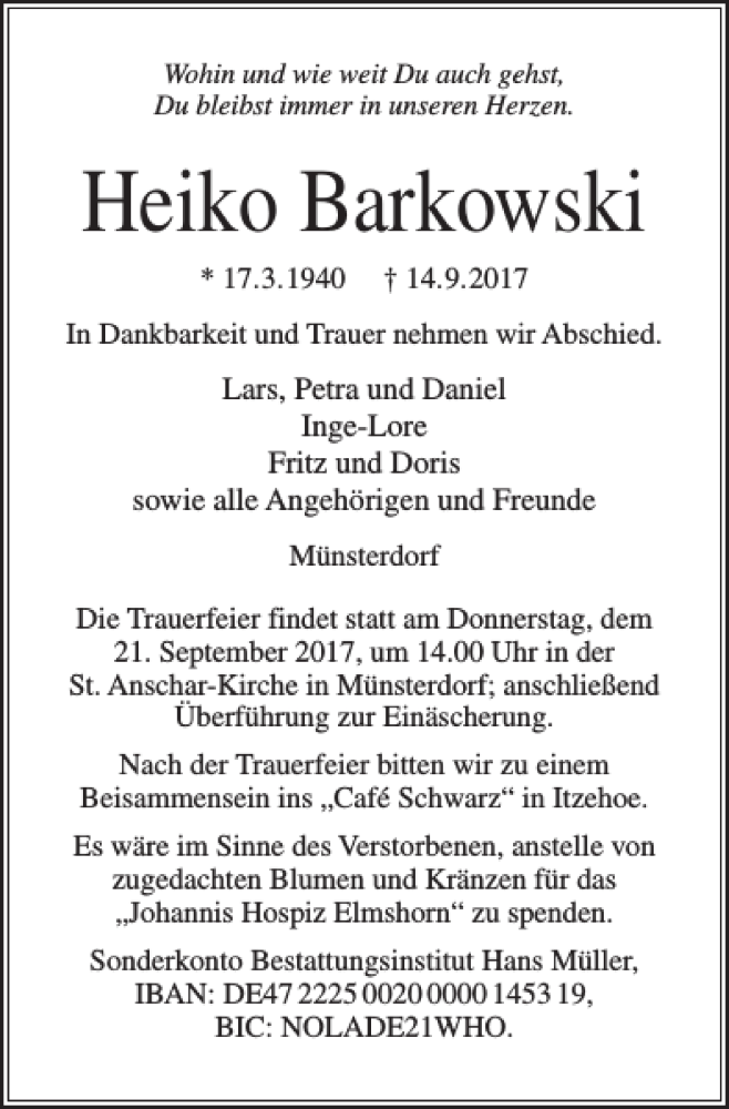 Traueranzeigen Von Heiko Barkowski Sh Z Trauer