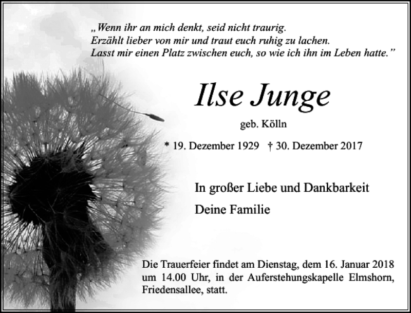 Traueranzeigen Von Ilse Junge Sh Z Trauer