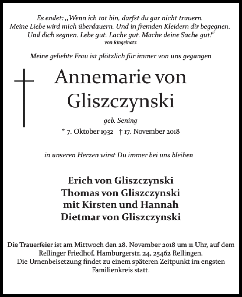 Traueranzeigen Von Annemarie Von Gliszczynski Sh Z Trauer