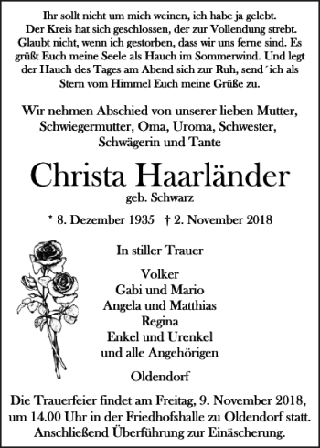 Traueranzeigen Von Christa Haarl Nder Sh Z Trauer