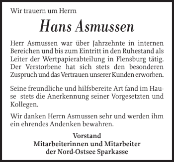 Traueranzeigen Von Hans Asmussen Sh Z Trauer