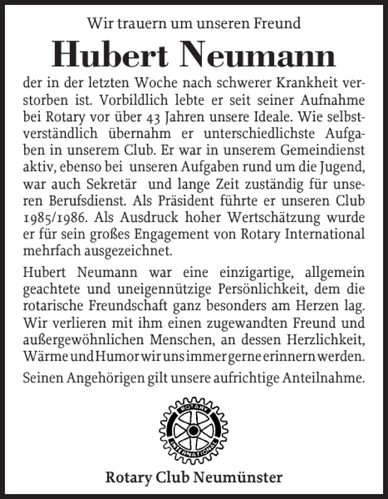 Traueranzeigen Von Hubert Neumann Sh Z Trauer