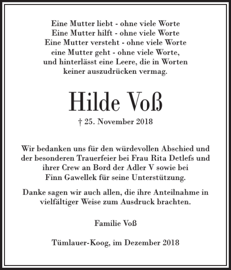 Traueranzeigen Von Hilde Vo Sh Z Trauer