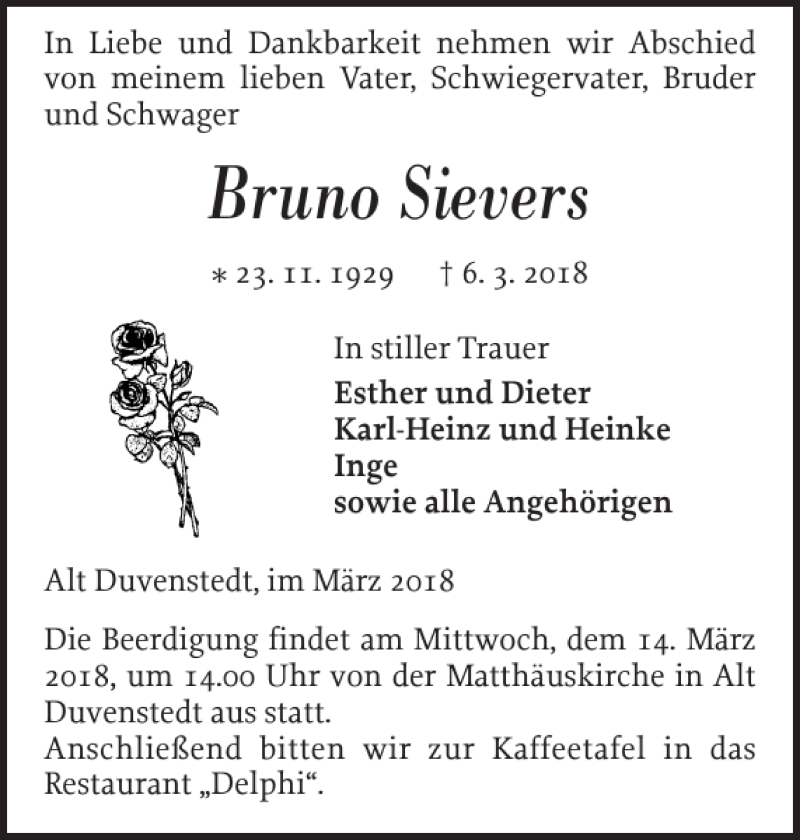 Traueranzeigen Von Bruno Sievers Sh Z Trauer