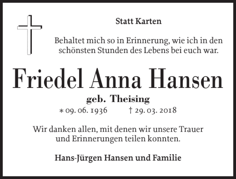 Traueranzeigen Von Friedel Anna Hansen Sh Z Trauer