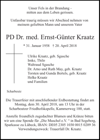 Traueranzeigen von PD Dr med Ernst Günter Kraatz sh z Trauer