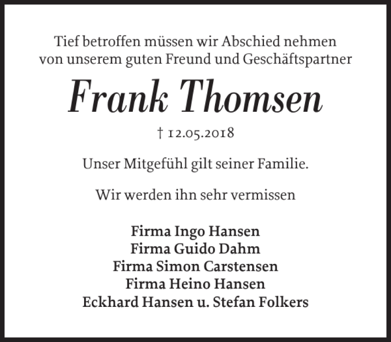 Traueranzeigen Von Frank Thomsen Sh Z Trauer