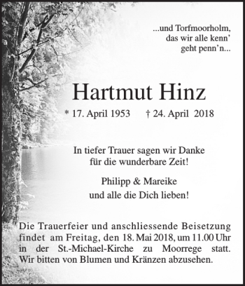 Traueranzeigen Von Hartmut Hinz Sh Z Trauer