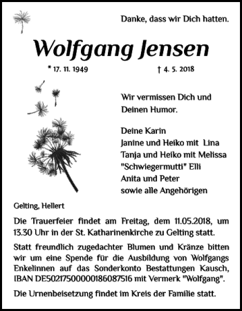 Traueranzeigen Von Wolfgang Jensen Sh Z Trauer