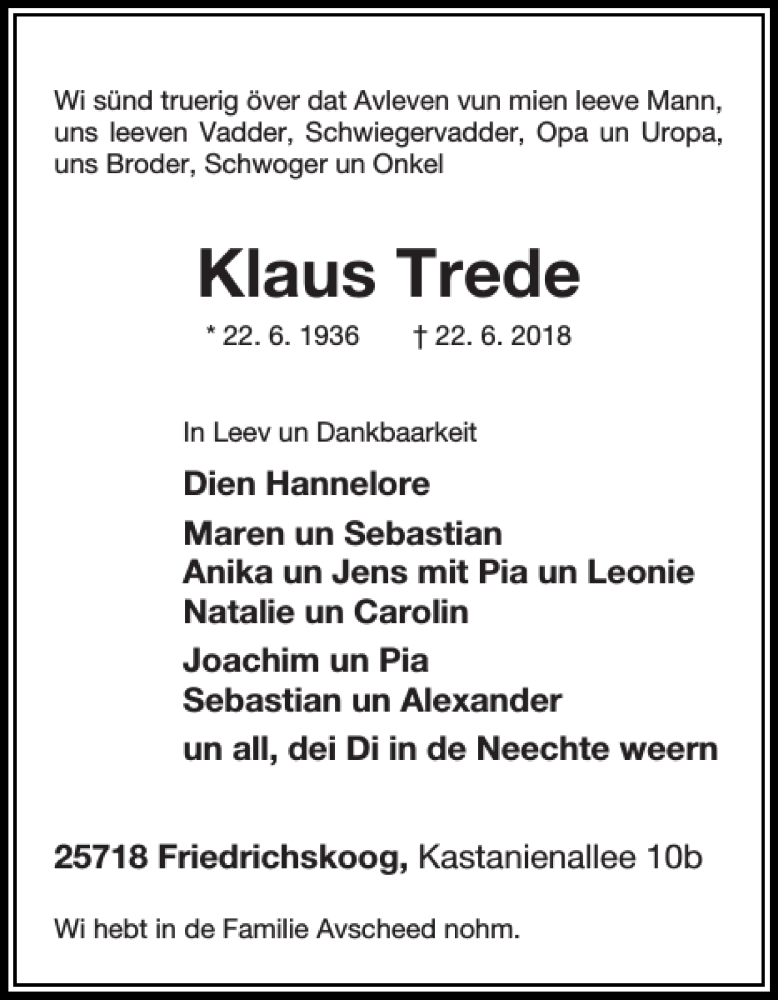 Traueranzeigen Von Klaus Trede Sh Z Trauer