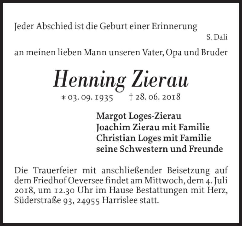 Traueranzeigen Von Henning Zierau Sh Z Trauer