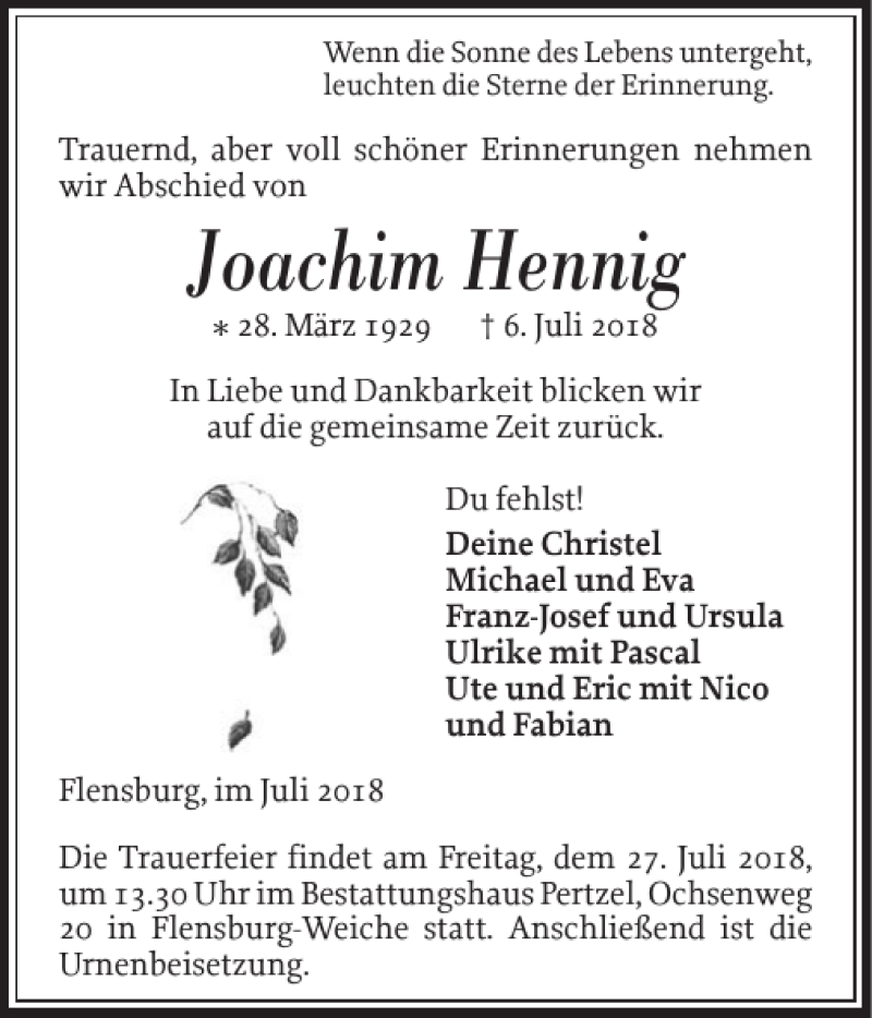 Traueranzeigen Von Joachim Hennig Sh Z Trauer