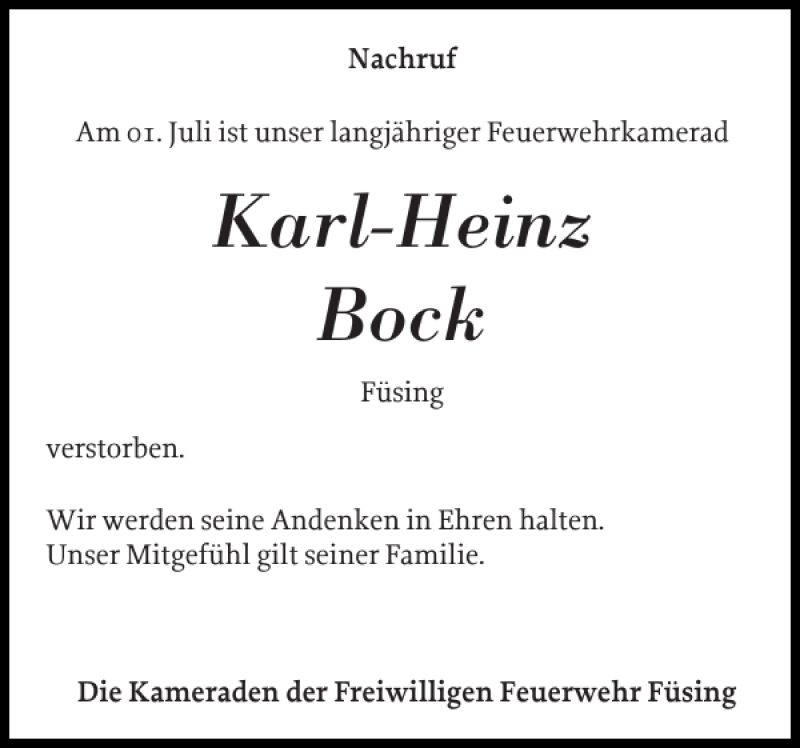 Traueranzeigen Von Karl Heinz Bock Sh Z Trauer