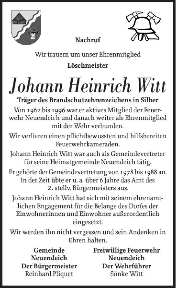 Traueranzeigen Von Johann Heinrich Witt Sh Z Trauer