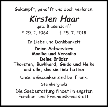 Traueranzeigen Von Kirsten Haar Sh Z Trauer