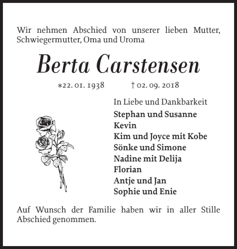 Traueranzeigen Von Berta Carstensen Sh Z Trauer