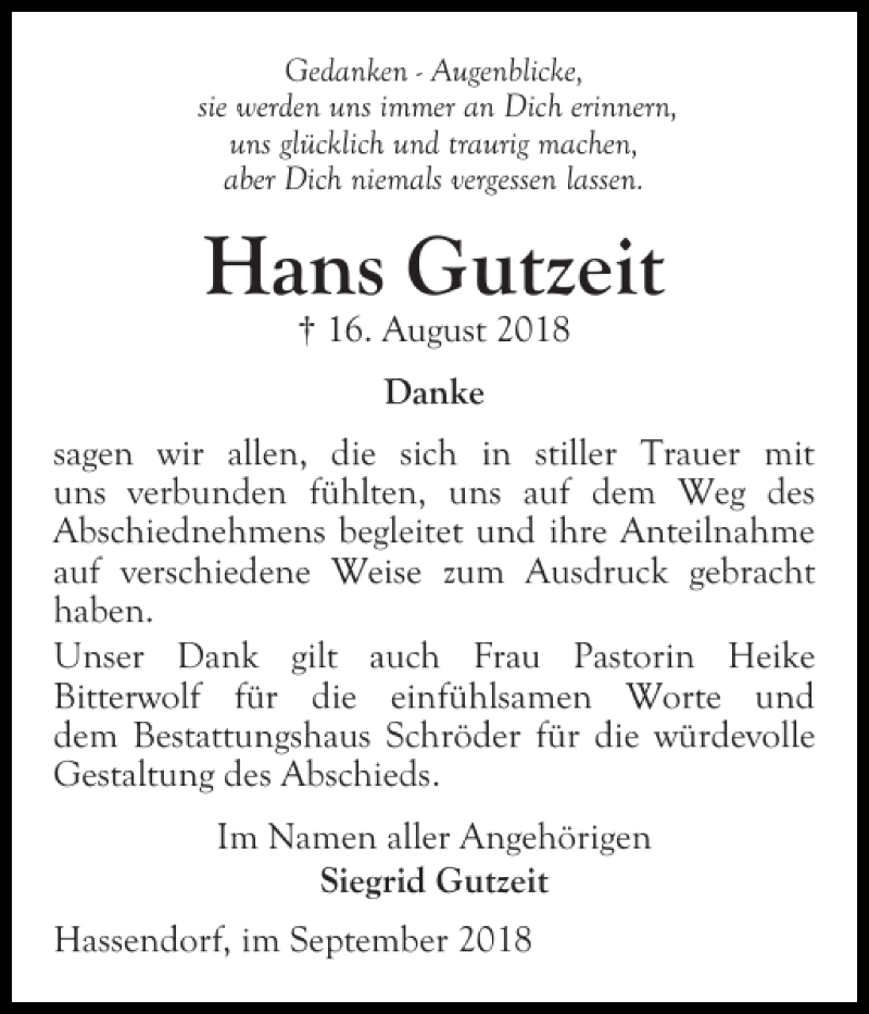 Traueranzeigen Von Hans Gutzeit Sh Z Trauer