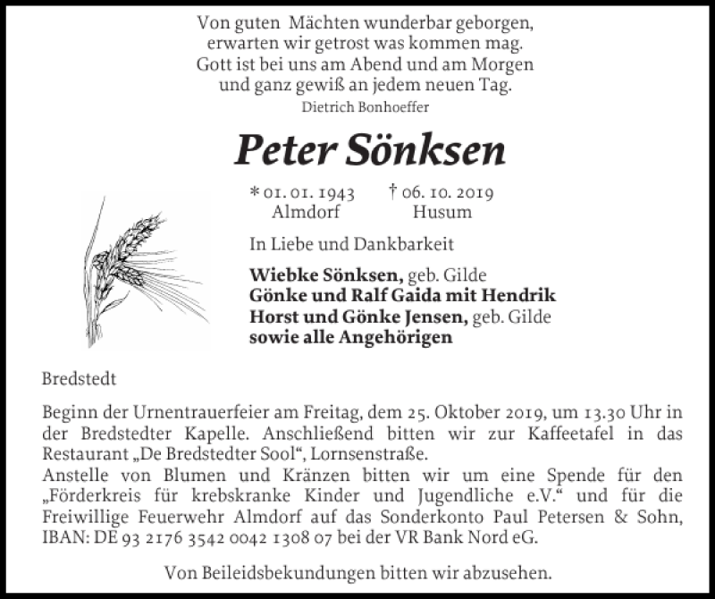 Traueranzeigen Von Peter S Nksen Sh Z Trauer