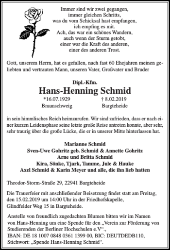 Traueranzeigen Von Hans Henning Schmid Sh Z Trauer