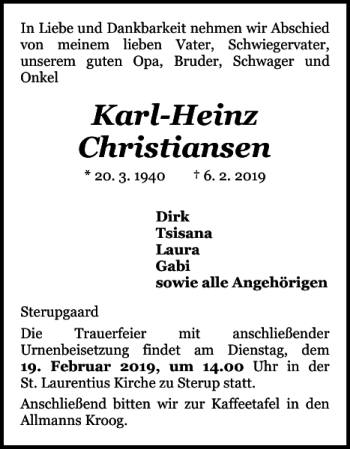 Traueranzeigen Von Karl Heinz Christiansen Sh Z Trauer