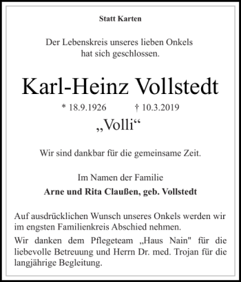 Traueranzeigen Von Karl Heinz Vollstedt Sh Z Trauer