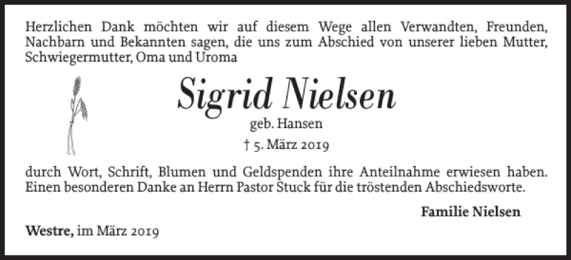 Traueranzeigen Von Sigrid Nielsen Sh Z Trauer