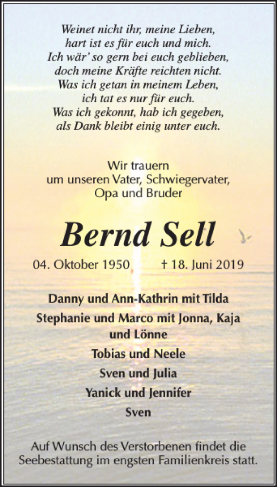 Traueranzeigen Von Bernd Sell Sh Z Trauer