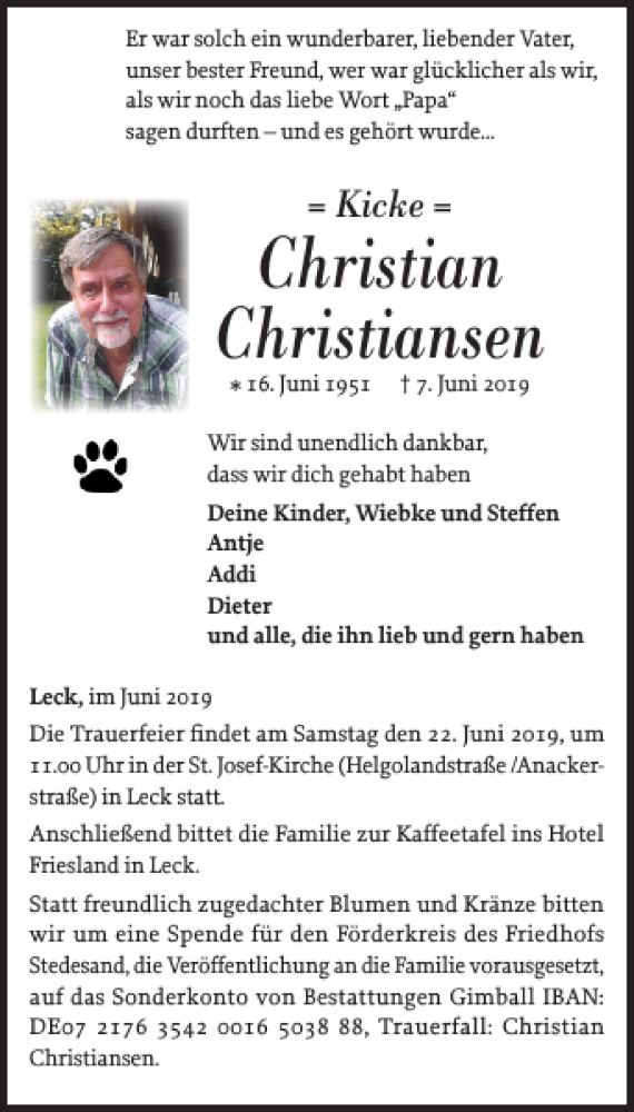 Traueranzeigen Von Christian Christiansen Sh Z Trauer