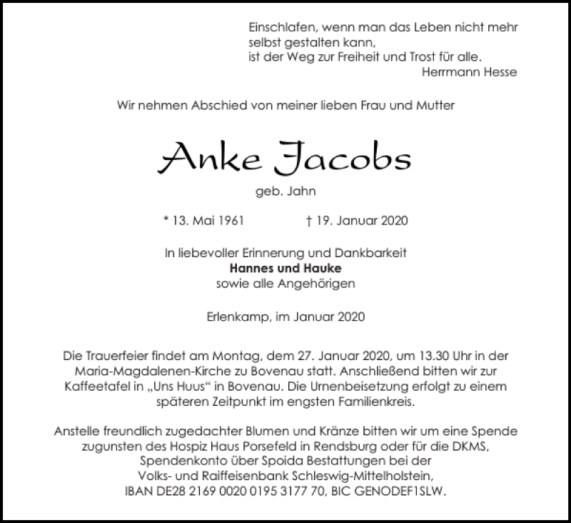 Traueranzeigen Von Anke Jacobs Sh Z Trauer