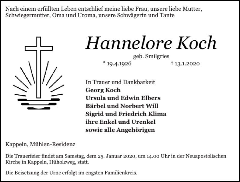 Traueranzeigen Von Hannelore Koch Sh Z Trauer