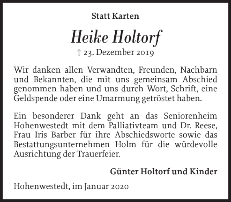 Traueranzeigen Von Heike Holtorf Sh Z Trauer