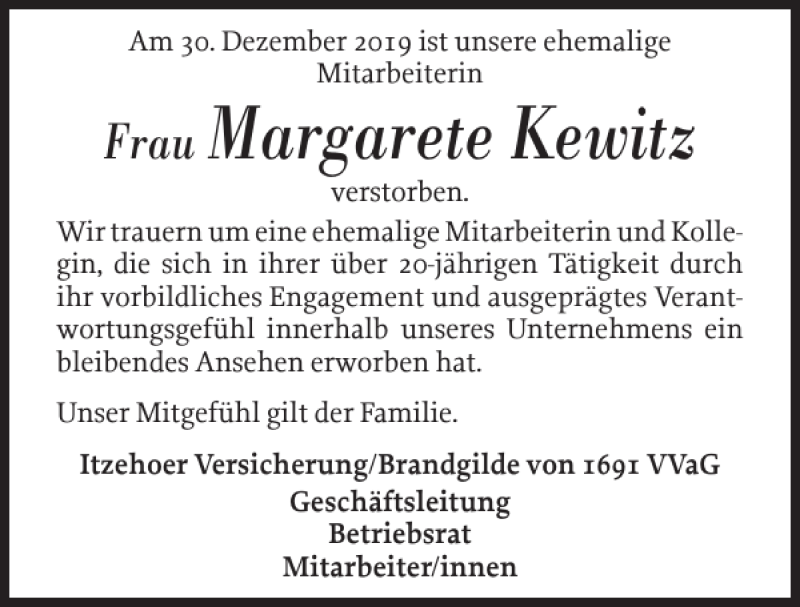 Traueranzeigen Von Margarete Kewitz Sh Z Trauer