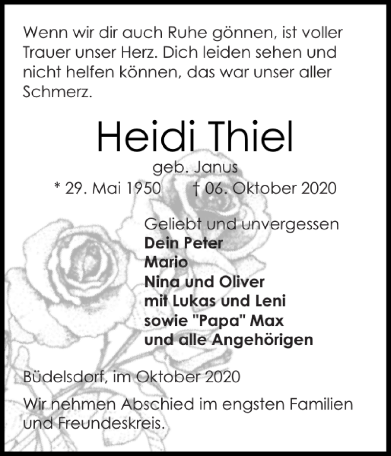 Traueranzeigen Von Heidi Thiel Sh Z Trauer