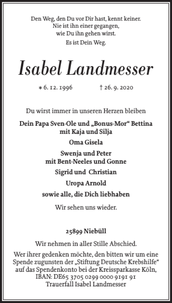 Traueranzeigen Von Isabel Landmesser Sh Z Trauer