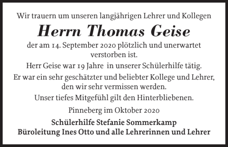 Traueranzeigen Von Thomas Geise Sh Z Trauer