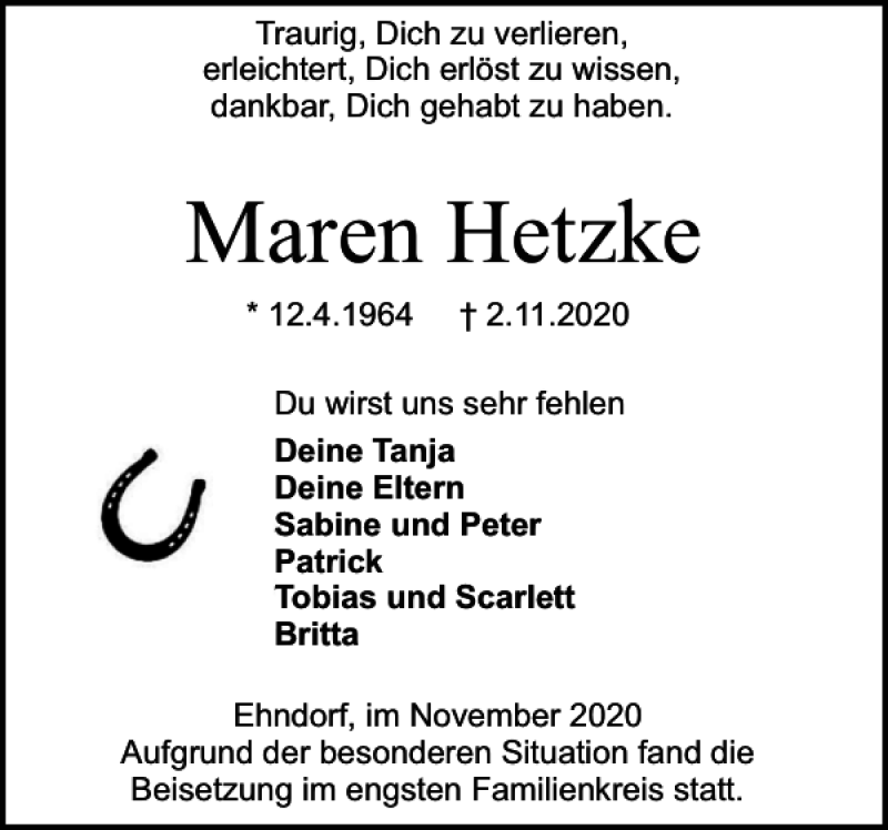 Traueranzeigen Von Maren Hetzke Sh Z Trauer