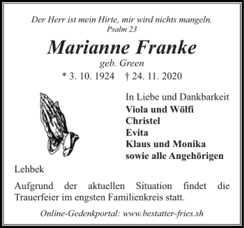 Traueranzeigen Von Marianne Franke Sh Z Trauer