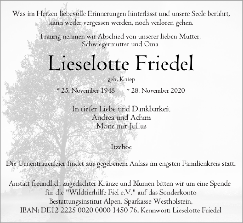 Traueranzeigen Von Lieselotte Friedel Sh Z Trauer