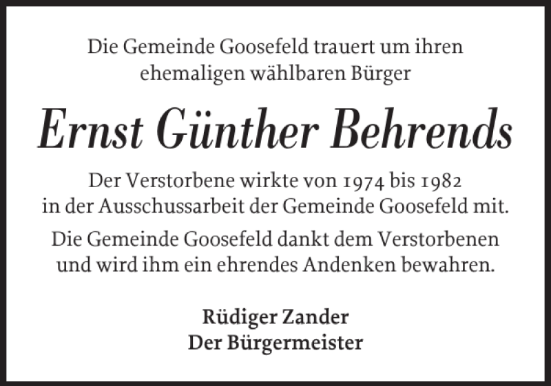 Traueranzeigen von Ernst Günther Behrends sh z Trauer