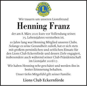 Traueranzeigen Von Henning Franz Sh Z Trauer