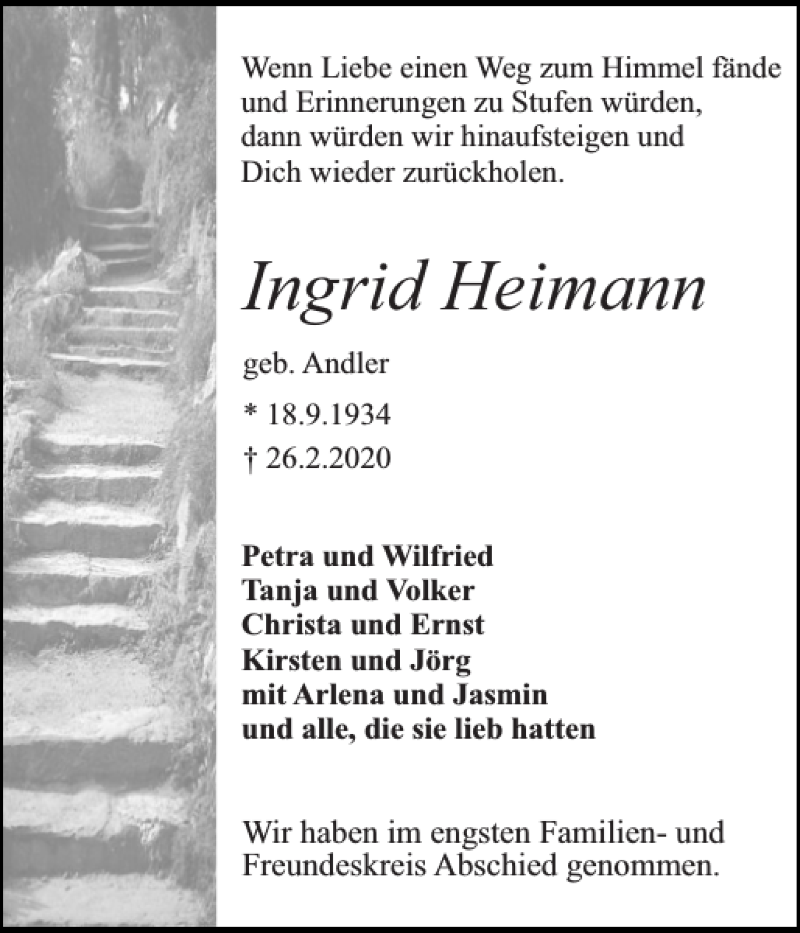 Traueranzeigen Von Ingrid Heimann Sh Z Trauer