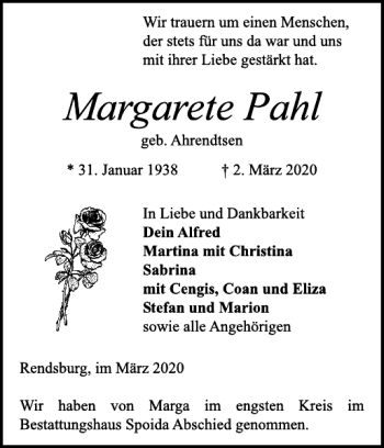 Traueranzeigen Von Margarete Pahl Sh Z Trauer