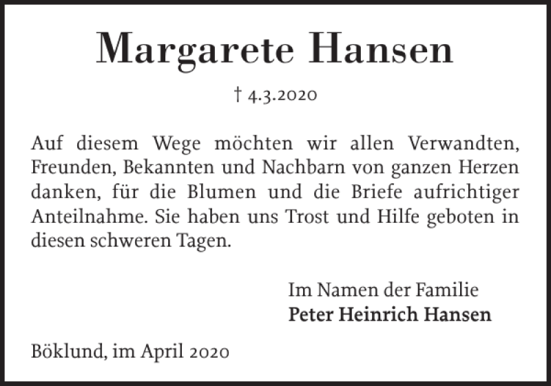 Traueranzeigen Von Margarete Hansen Sh Z Trauer