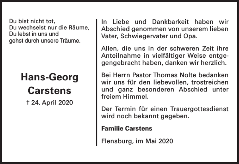 Traueranzeigen Von Hans Georg Carstens Sh Z Trauer